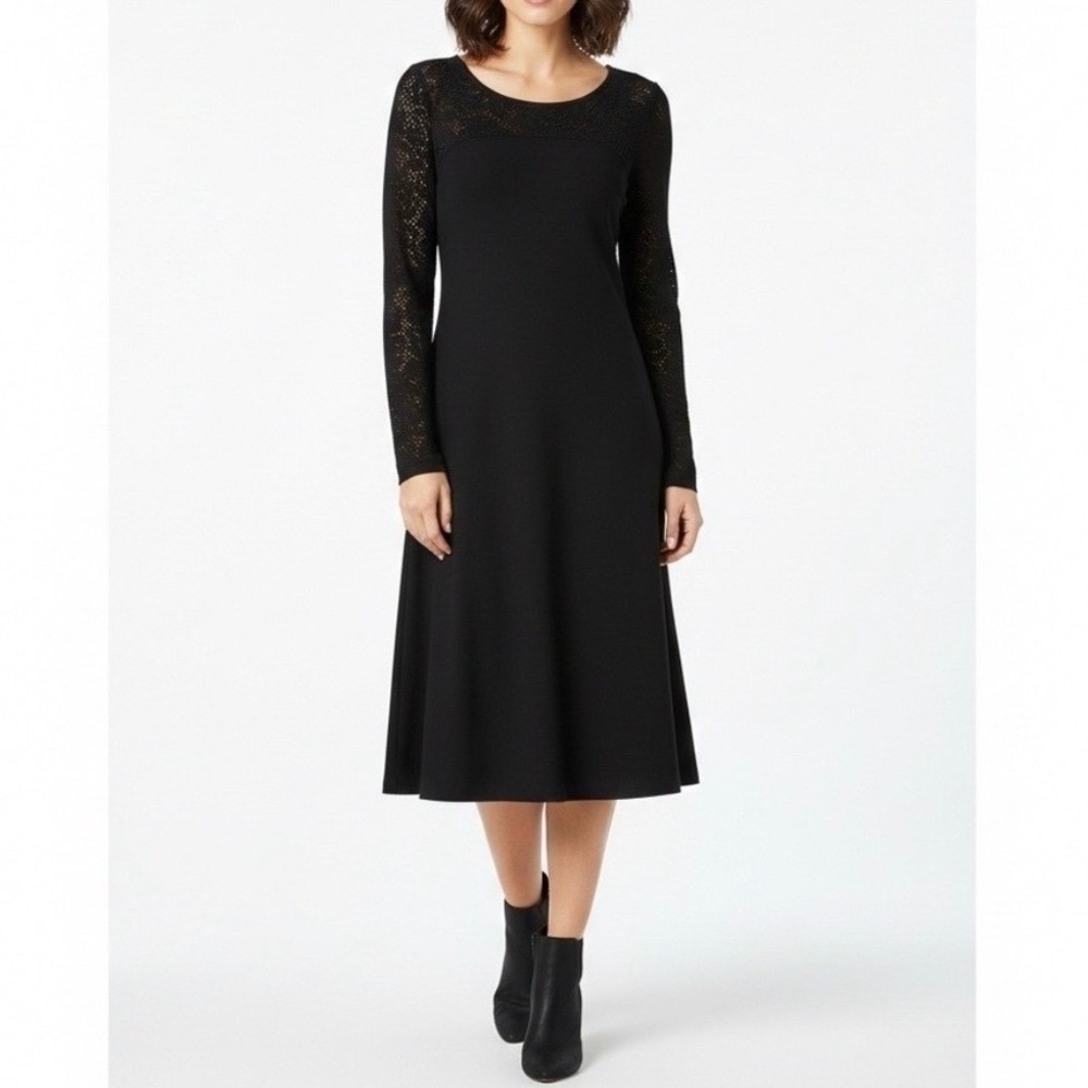 Peruvian Connection Black Long Sleeve Lace Detail Midi Dress Size Medium